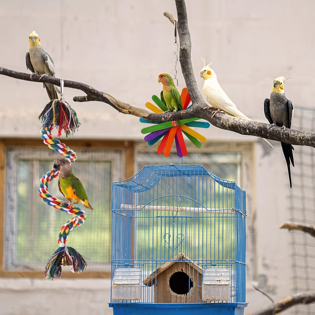 Six-Piece Hanging Bird Toy Set with Wood, Paper, Plastic Rings, Bell, Rope and Metal Hooks for Small Parrots — image 5