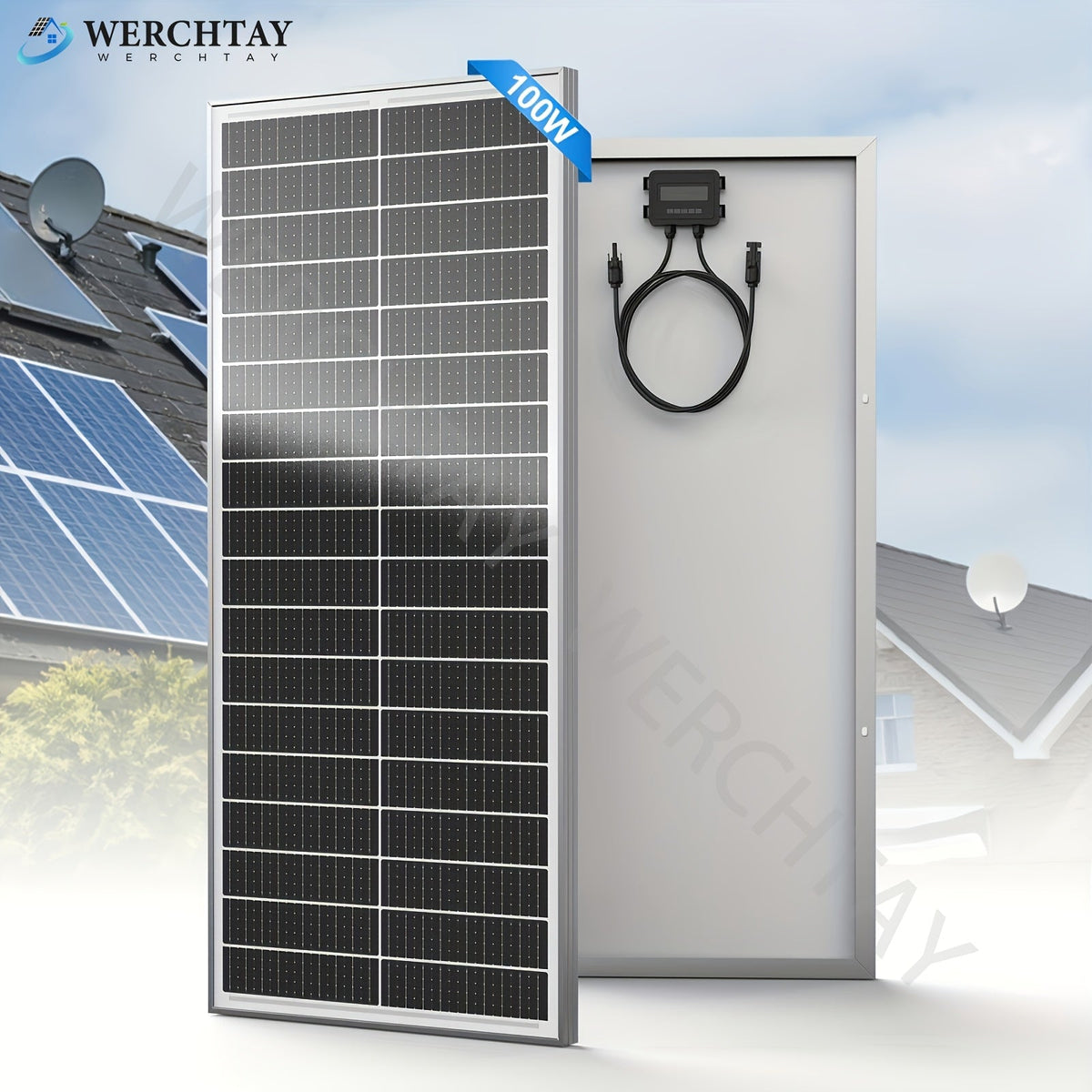 Single 100W Monocrystalline Solar Panel with 101 x 46 cm Frame and Attached PV Connector Cables — image 1
