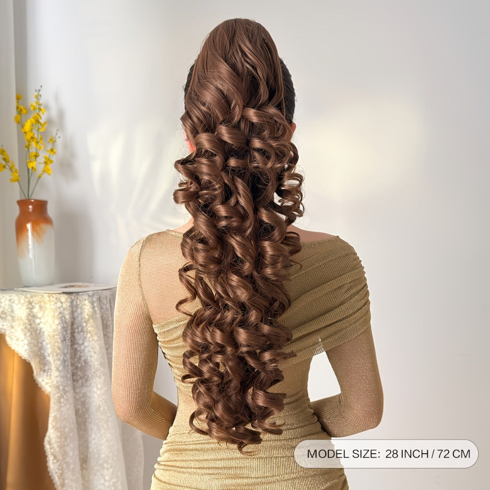 Curly Ponytail Extension 28 Inch Long Heat Resistant Synthetic Clip In Wrap Around Hairpiece Voluminous Bouncy Curls 4 Styles