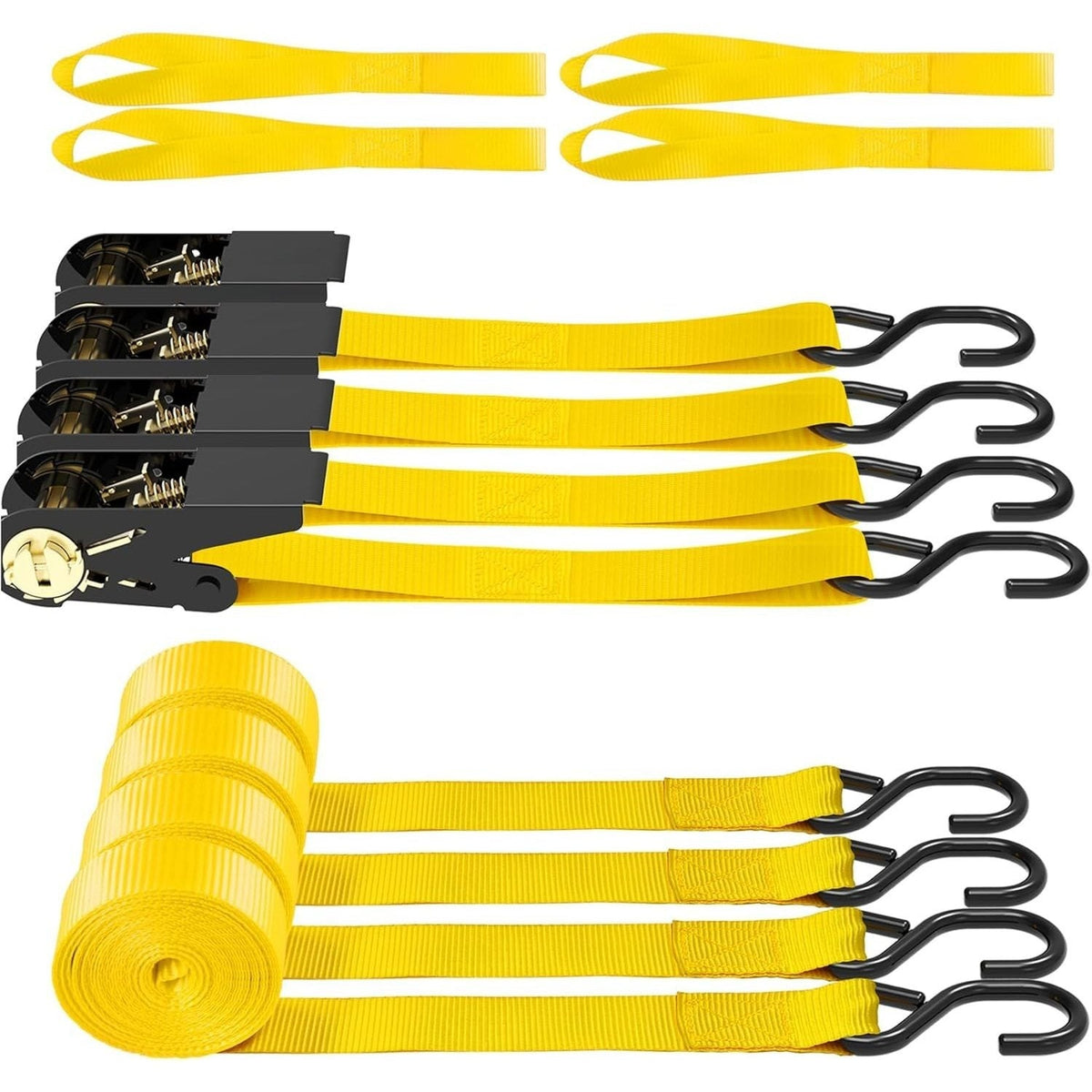 Ratchet Tie Down Straps 4-Pack 15FT 1, 500 lb Break Strength Heavy Duty with Soft Loops & Storage Bag – High-Visibility Webbi