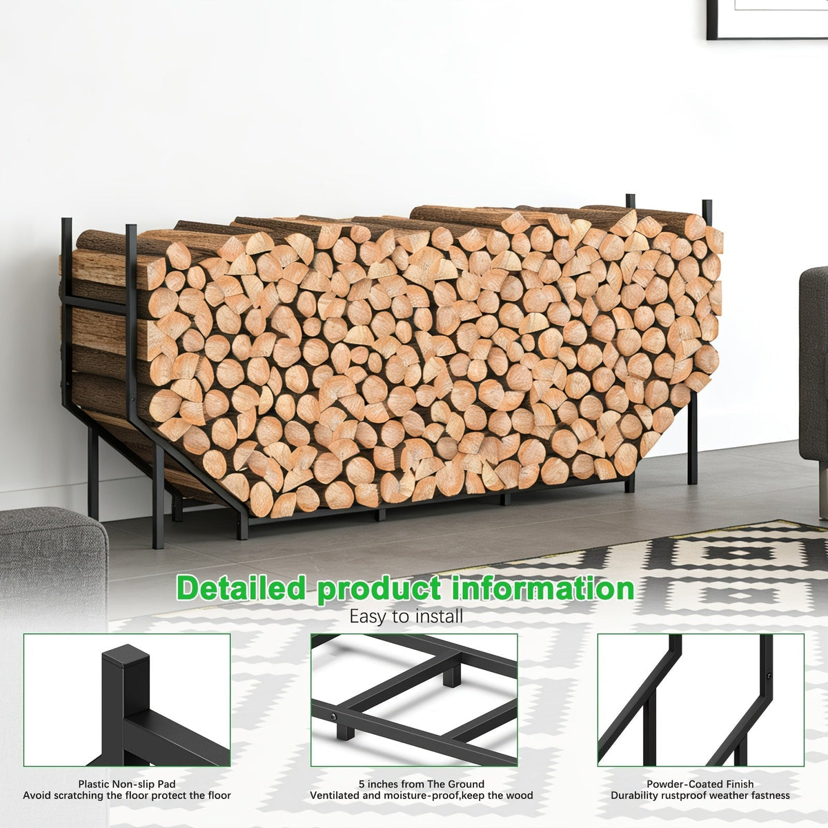 Firewood Rack | Heavy Duty Steel Indoor Outdoor Fireplace Patio Deck — image 3