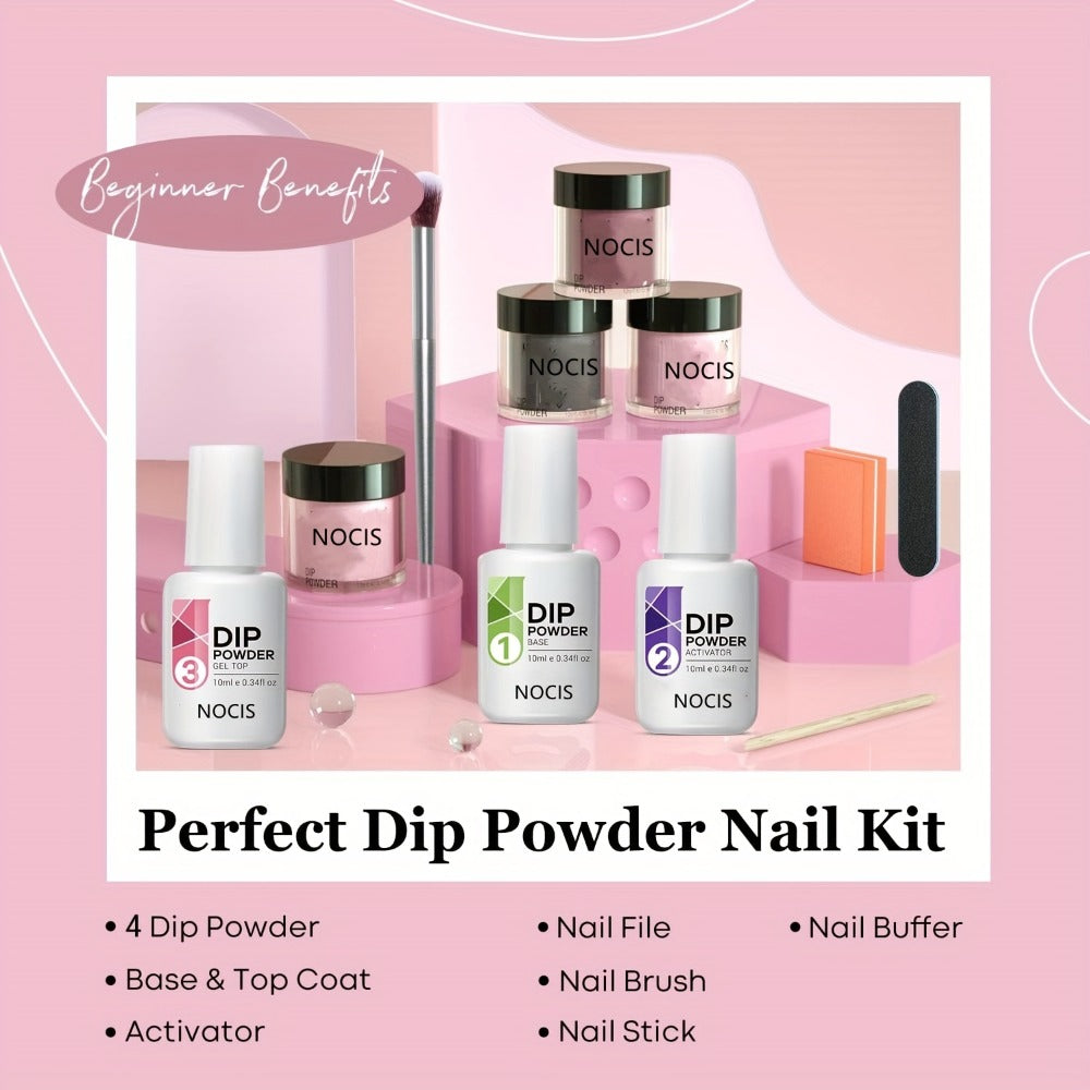 Dip Powder Nail Kit with NOCIS Label, Four Nude Gray Pink Powders, Three 10ml Liquids and Four Tools — image 2