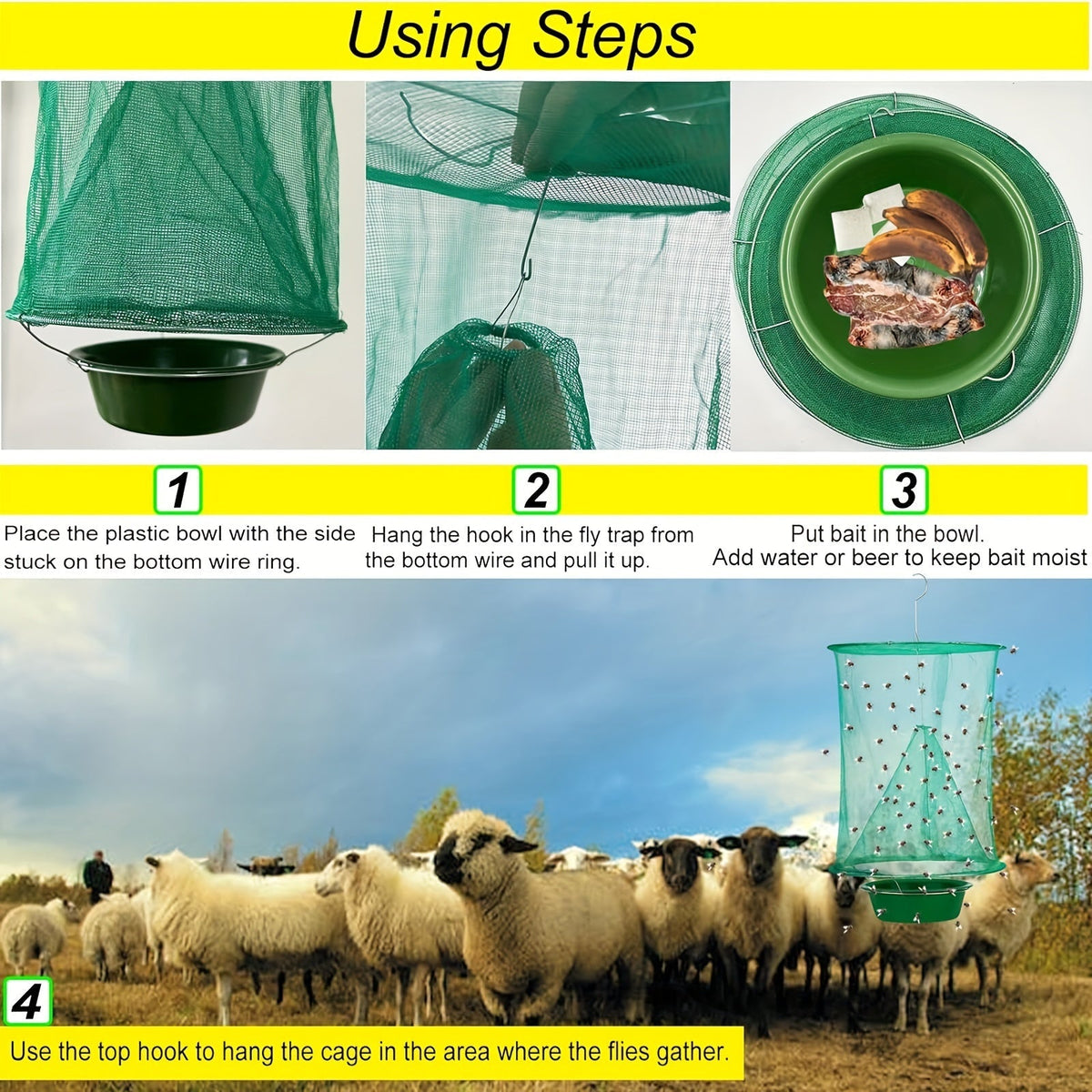 Green Hanging Mesh Fly Trap Cages with Removable Bait Bowls in Two-Pack or Four-Pack Options — image 9