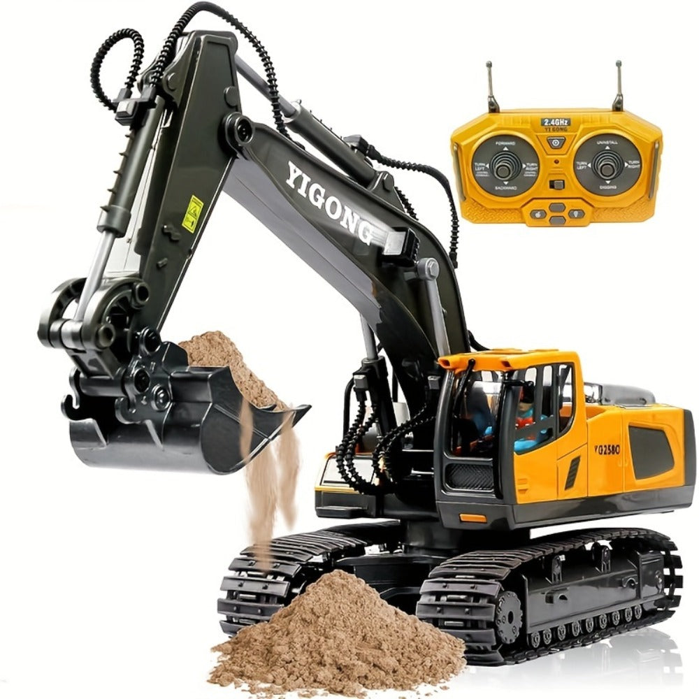 RC Excavator Toy 1:24 Scale 2.4GHz 9-Channel Remote Control with Alloy Metal Cap Lights & Sound Rechargeable Battery — image 