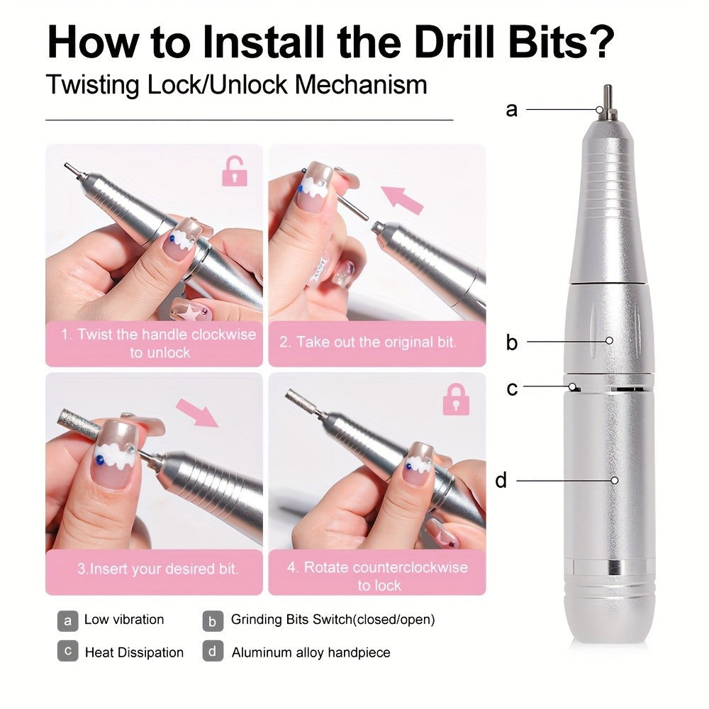 Electric Nail Drill 45000 RPM Cordless Kit with Power Display, Adjustable Speed and Three Colors — image 3