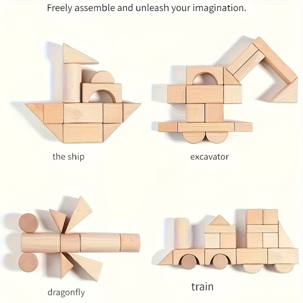 Natural Beech Wood Blocks 100 Piece Unpainted Solid Wooden Building Set, STEM Logical Thinking Toy for Kids Ages 3-12 — image