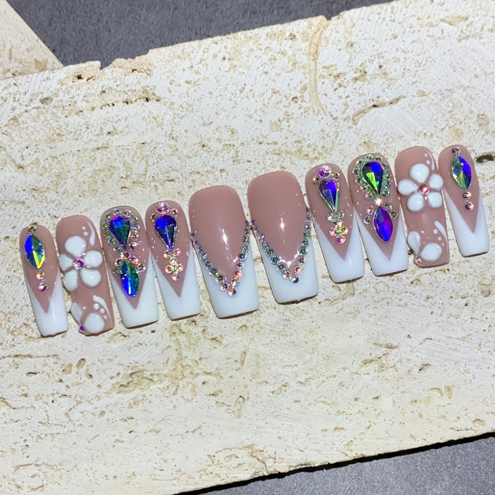 Press On Nails 10-Piece Square French-Tip Set with Nude White Gloss, AB Rhinestones and Floral Design — image 11