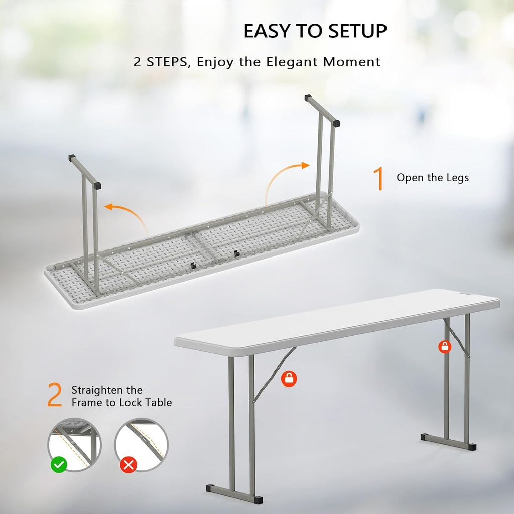 Narrow White 6-Foot Portable Folding Table with Rectangular Top and Folding Gray Leg Frame — image 19
