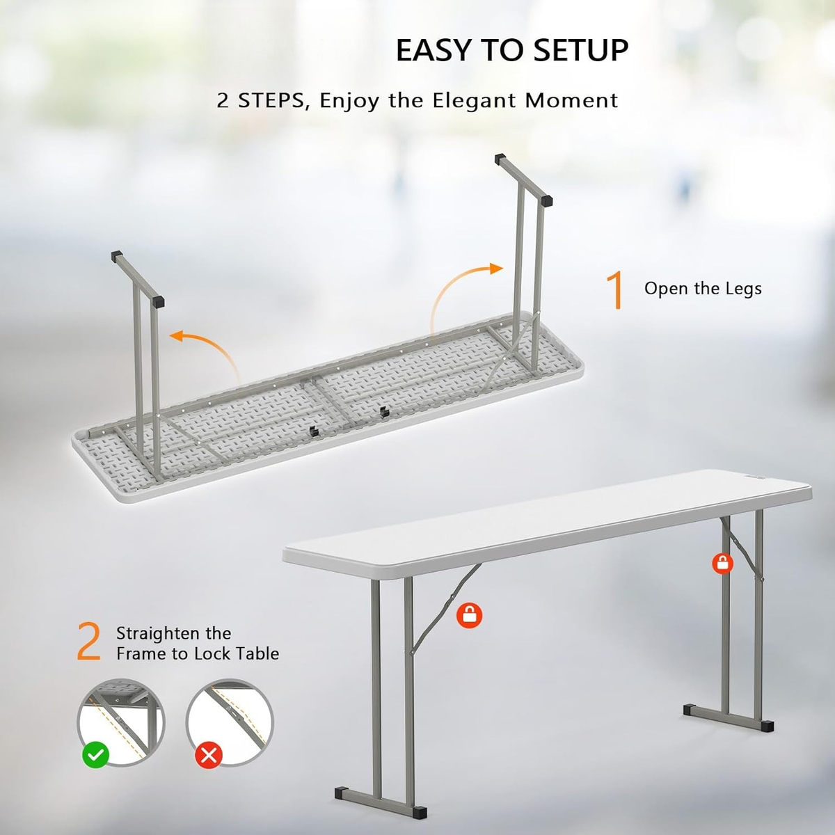 Narrow White 6-Foot Portable Folding Table with Rectangular Top and Folding Gray Leg Frame — image 19