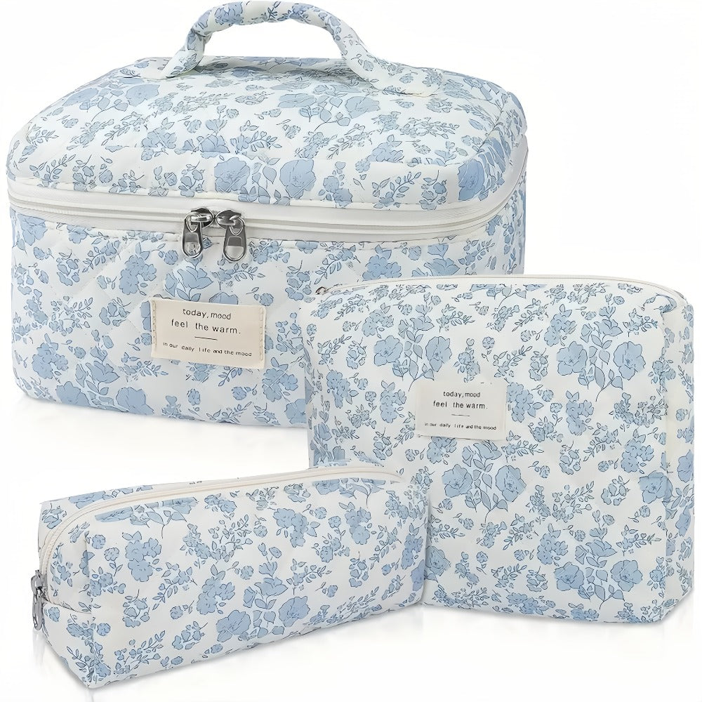 Quilted Makeup Bag Set 3 Pcs Floral Pattern Large Capacity Travel Cosmetic Organizer with Gold Zipper – Polyester Skincare To