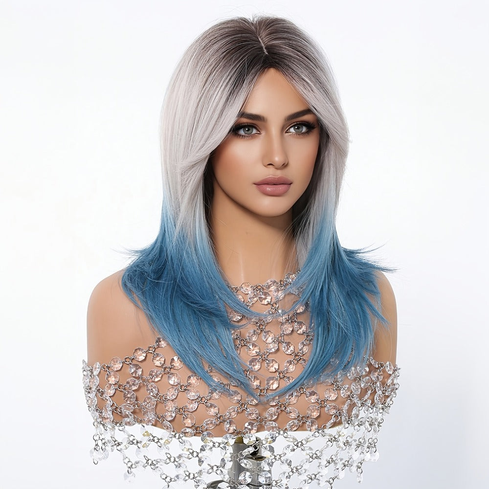 Synthetic Wig 22-Inch Gradient Blue Ombre Layers with Bangs, Adjustable Cap and Rose Hair Net — image 3