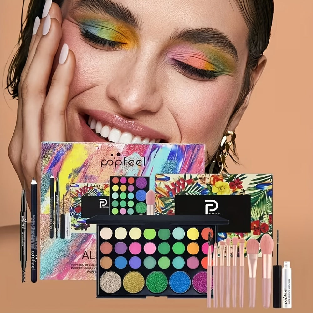 Makeup Gift Set POPFEEL 29-Color Eyeshadow Palette + Mascara + Eyeliner + Brow Pencil + Highlighter Powder + 7-Piece Brush Se