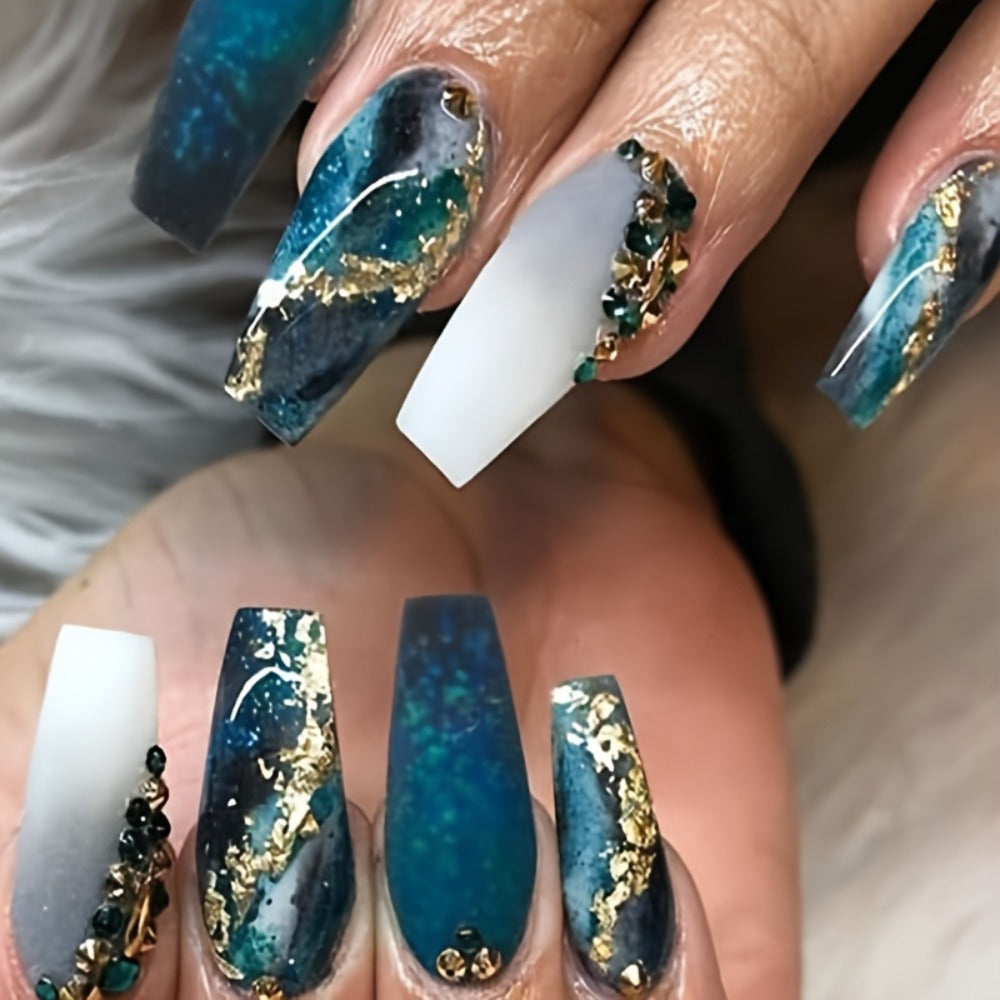 Press On Nails 144-Piece Medium Coffin Set with Blue Marble, Sequins and Included Nail Glue — image 6