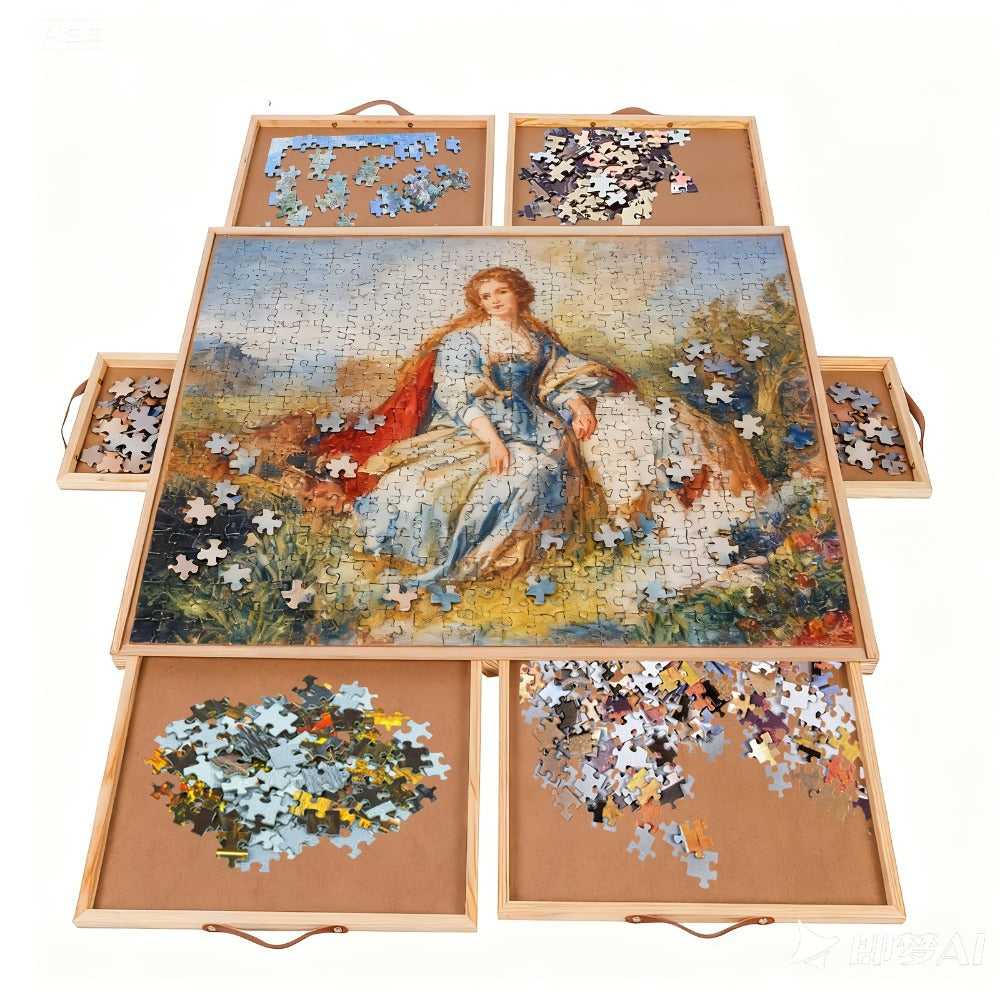 Rotating Puzzle Table with 6 Drawers & Cover for 1500 Pieces – 35"x27" Deluxe Wooden Jigsaw Board with Sorting Storage — imag