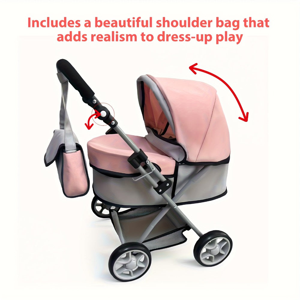 Foldable Doll Stroller with Adjustable Handle 39-68cm, Grey & Pink Baby Doll Pram for 16-20 Inch Dolls — image 7