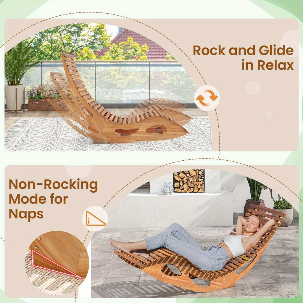 Acacia Wood Rocking Chaise Lounge Outdoor High Back Slatted Seat Stopper Patio Rocker for Deck Poolside Garden — image 5