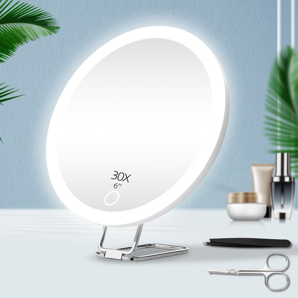 30X LED Magnifying Mirror Rechargeable 6-Inch Lighted Handheld Pocket Mirror with Hanging Loop – Portable Travel Vanity Mirro