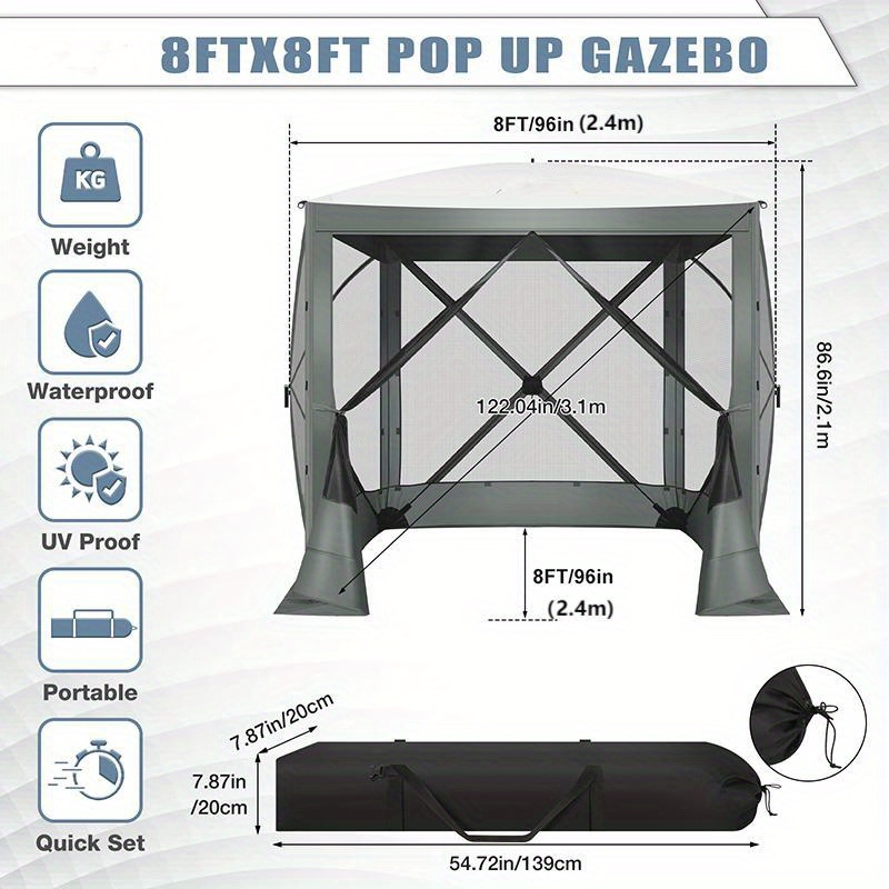 Pop Up Gazebo 8x8ft Mesh Screen Tent Portable Camping Garden Picnic for Garden, Patio and Yard Use — image 8
