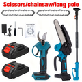 Pole Saw Set with Electric Chainsaw, 6-Inch Cordless Pruner, Long-Handle Scissor Kit, Safety Lock for Tree Pruning & Landscap