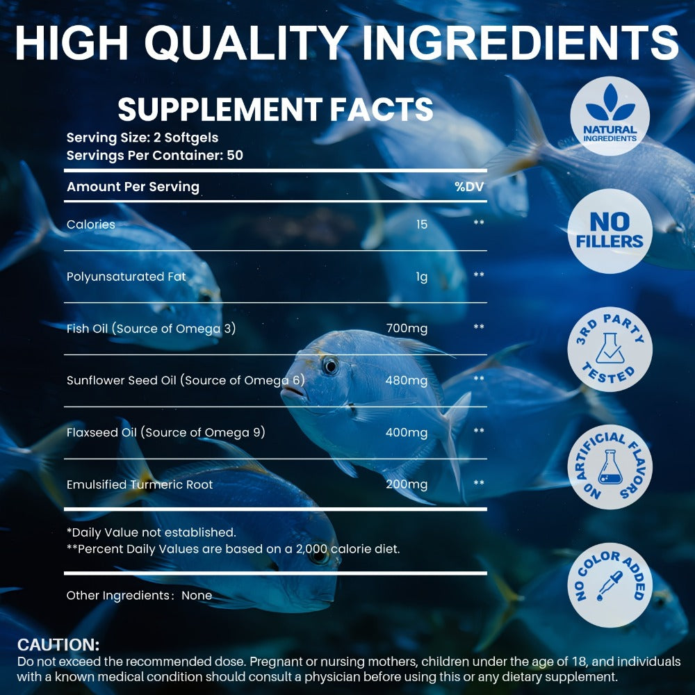 Omega 3 6 9 Supplement Softgels with Flaxseed, Fish Oil & Turmeric, Heart, Brain, Liver & Skin Support for Women & Men — imag