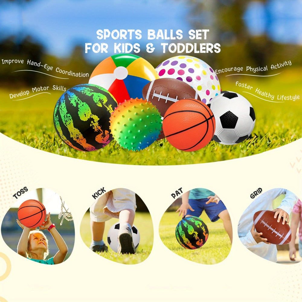 Kids Playground Ball Set 7-Pack with Air Pump, 10.6 Inch Outdoor Ball Plus 6-Inch Basketball Football Rugby — image 24
