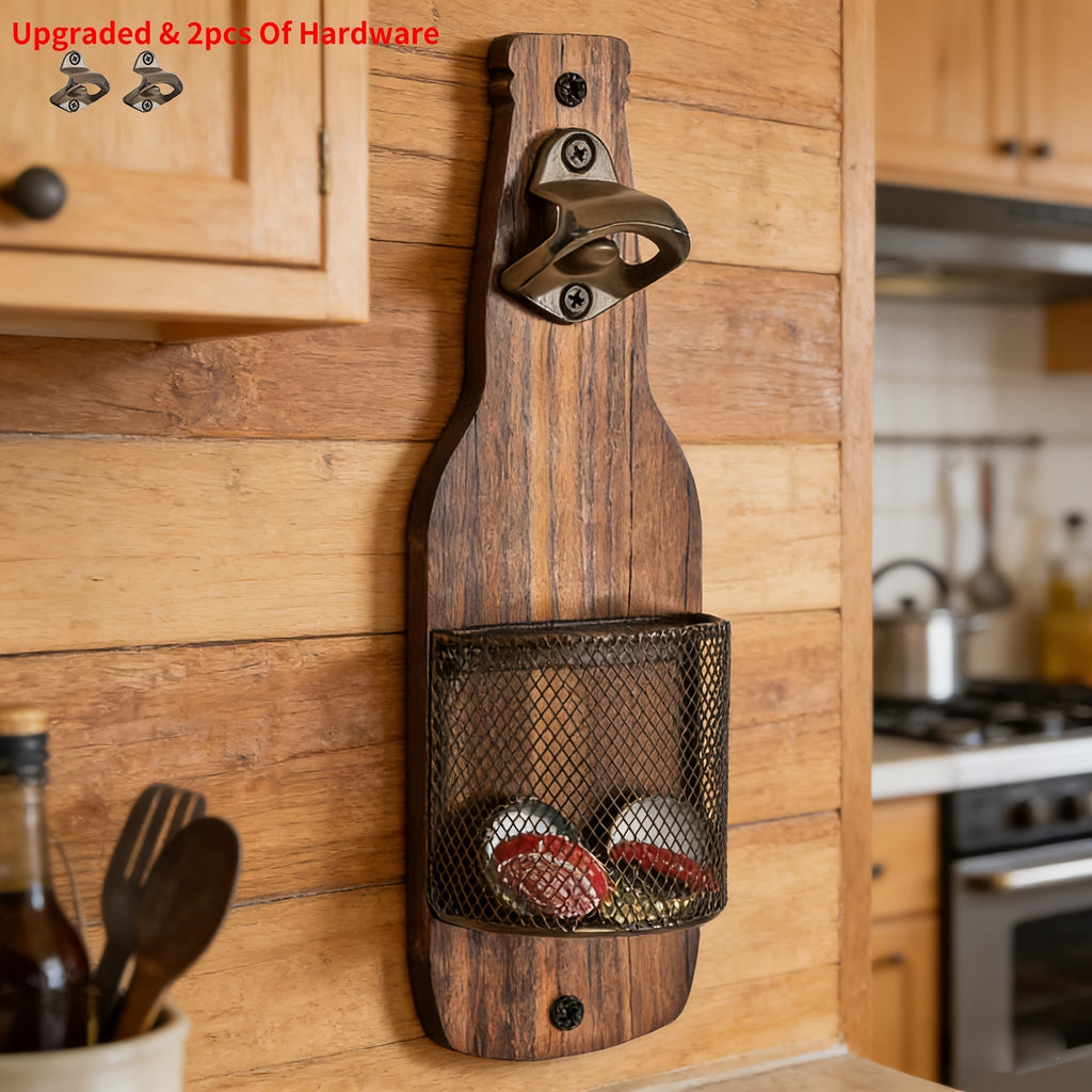 Wooden Bottle Opener Wall Mounted with Metal Cap Catcher – Handcrafted Rustic Beer Opener, Freestanding or Wall Mount, Holida