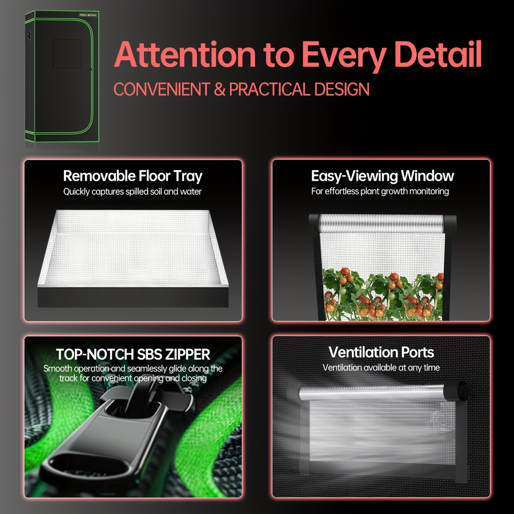 Grow Tent 1680D Thickened Mylar with Observation Window & Floor Tray, Pro-Grade Indoor Hydroponic Growing — image 10
