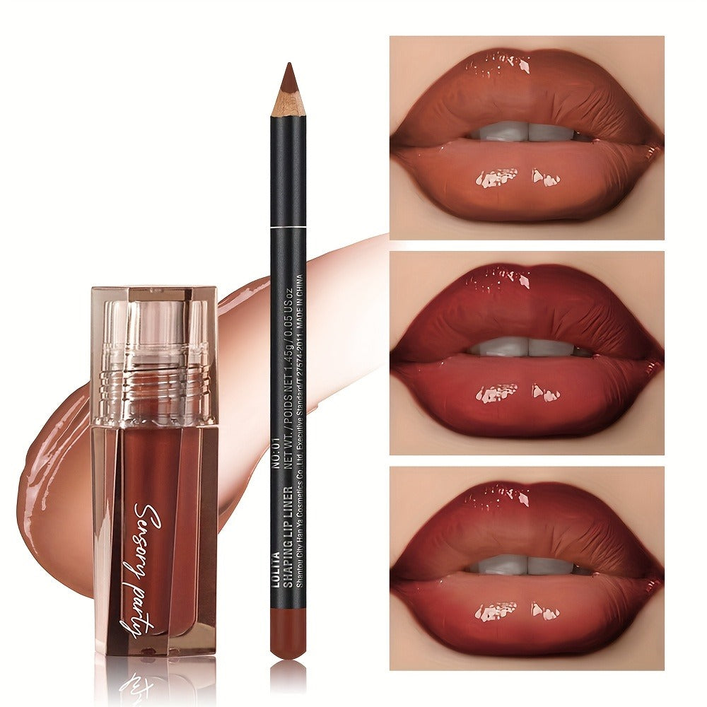 Lip Gloss Lip Liner Set Hydrating Water-Gloss Dewy Finish – 3D Precision Contour Matte Liner, for Makeup, Travel and Everyday