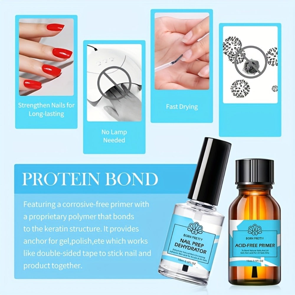 Gel Nail Prep Kit 4-Piece BORN PRETTY – Nail Dehydrator 15ml, Primer 15ml, Base Gel 10ml & Super Top Coat 10ml for Semi-Perma