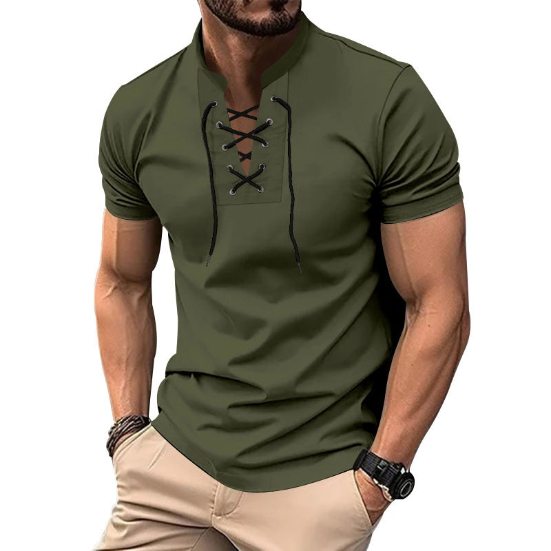 Men's Thin V-neck V-tie Casual Sporty Short Sleeve