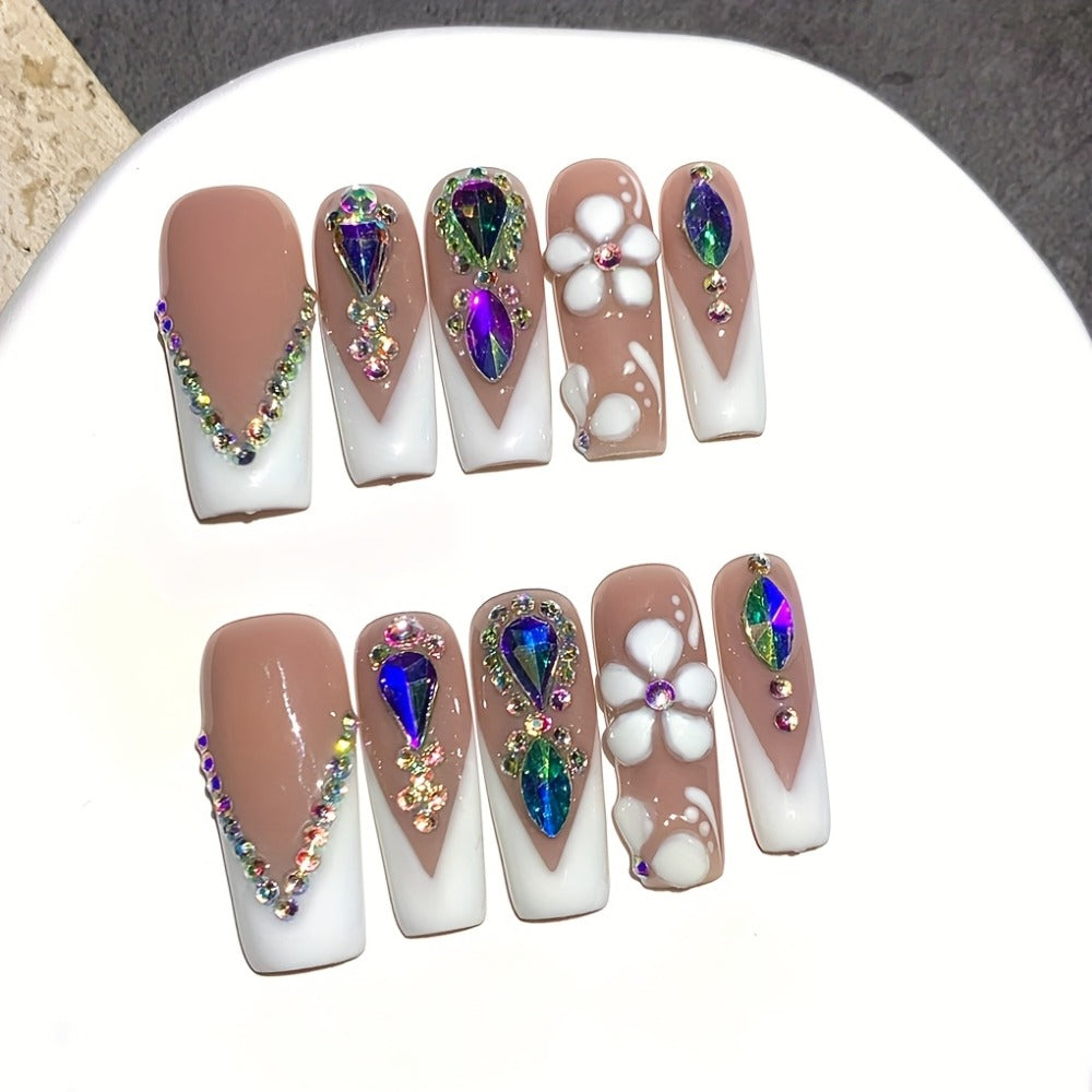 Press On Nails 10-Piece Square French-Tip Set with Nude White Gloss, AB Rhinestones and Floral Design — image 8