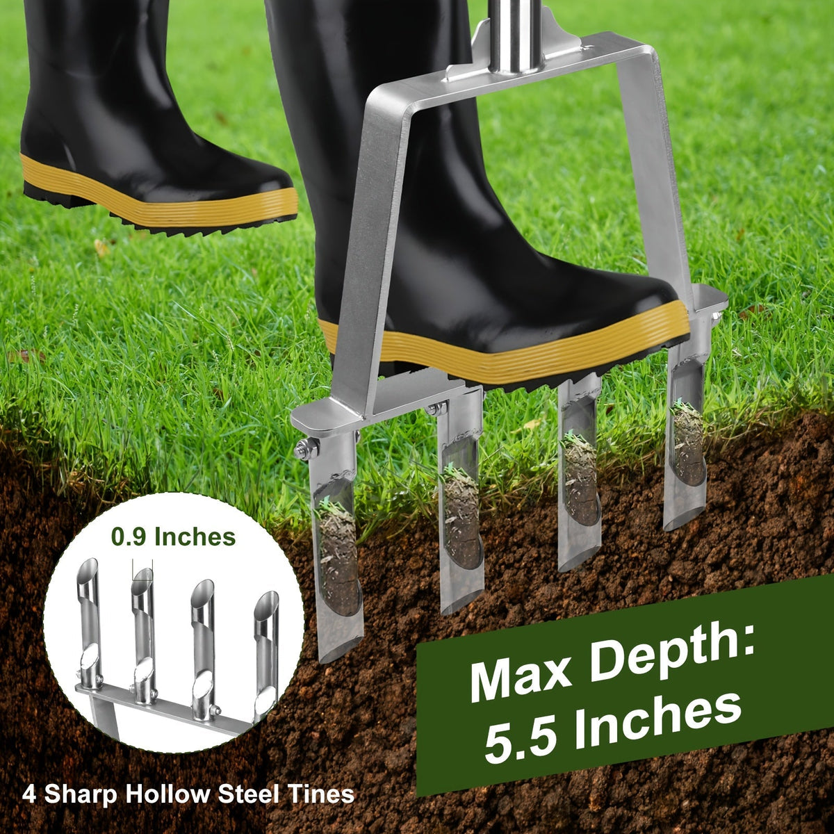 Four-Tine Manual Lawn Core Aerator in Black with T-Handle, Foot Bar and Hollow Plugging Tubes — image 4