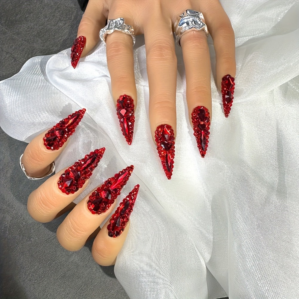 Press On Nails 10-Piece Long Water-Drop Set with Red Glass Glitter and Removable Self-Adhesive Gel Tabs — image 2
