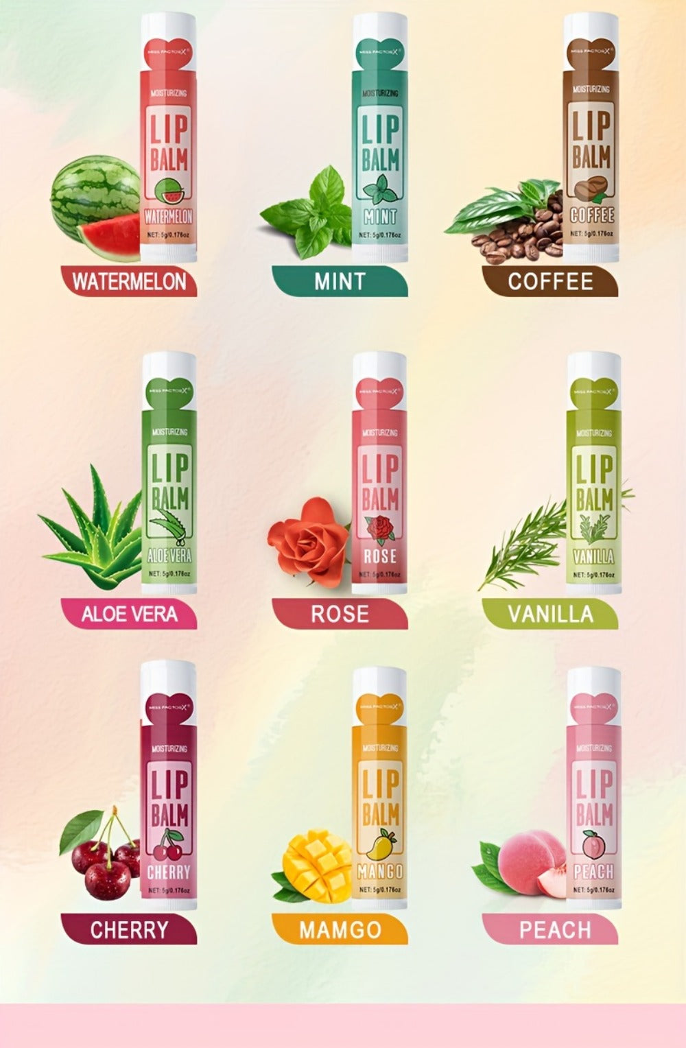 12-Piece Tube Lip Balm Set with 12 Pictured Fruit and Botanical Flavor Labels in a Display Box — image 13