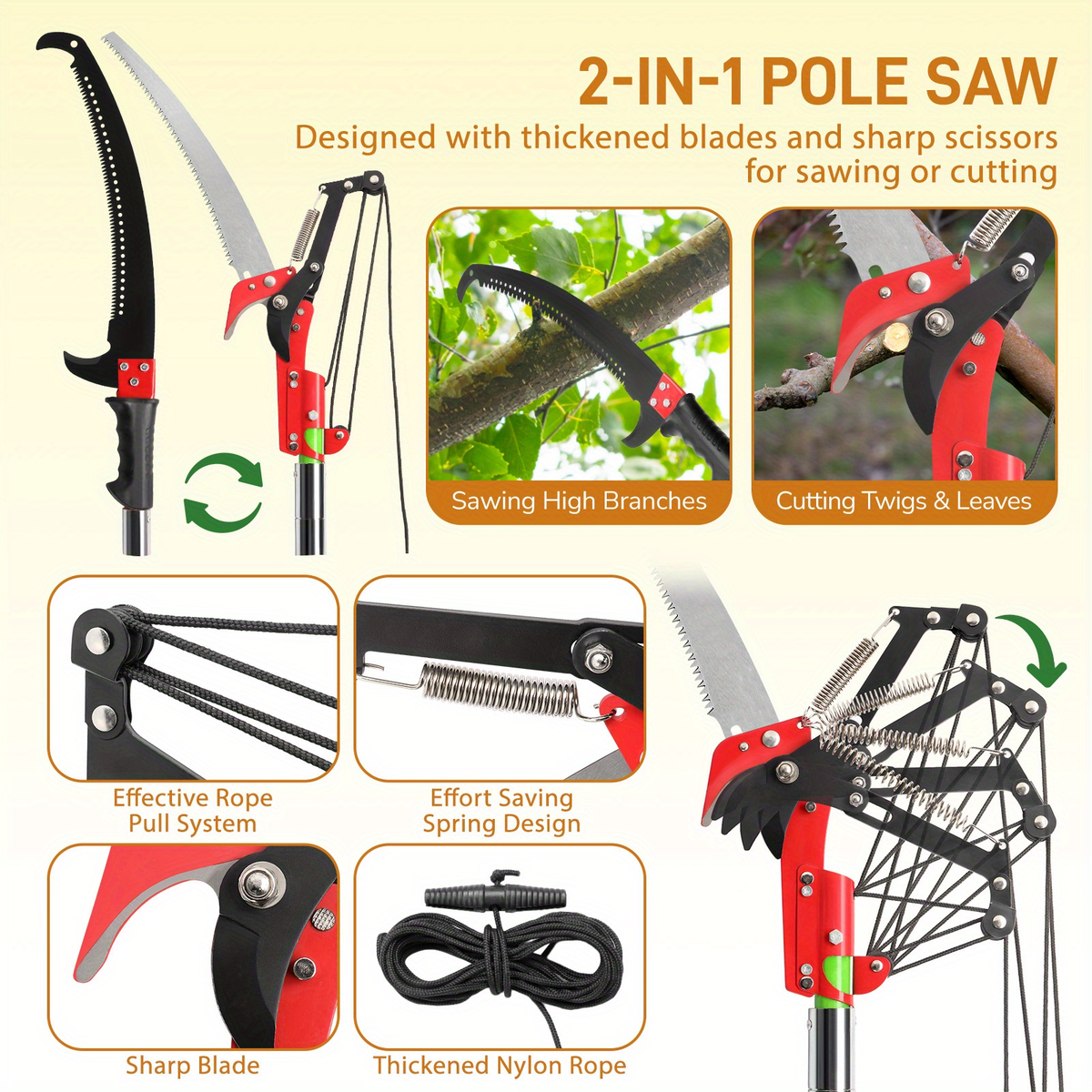 Extendable Pole Saw 26ft 2-in-1 Manual Tree Pruner, High Reach Branch Trimmer with Pruning Saw & Rope Cutter for Yard & Garde