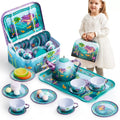 Mermaid Tea Party Set for Girls 21pcs, Tin Teapot, 4 Cups, Saucers, Plates & Carrying Case, Pretend Play Kitchen Toy for Todd