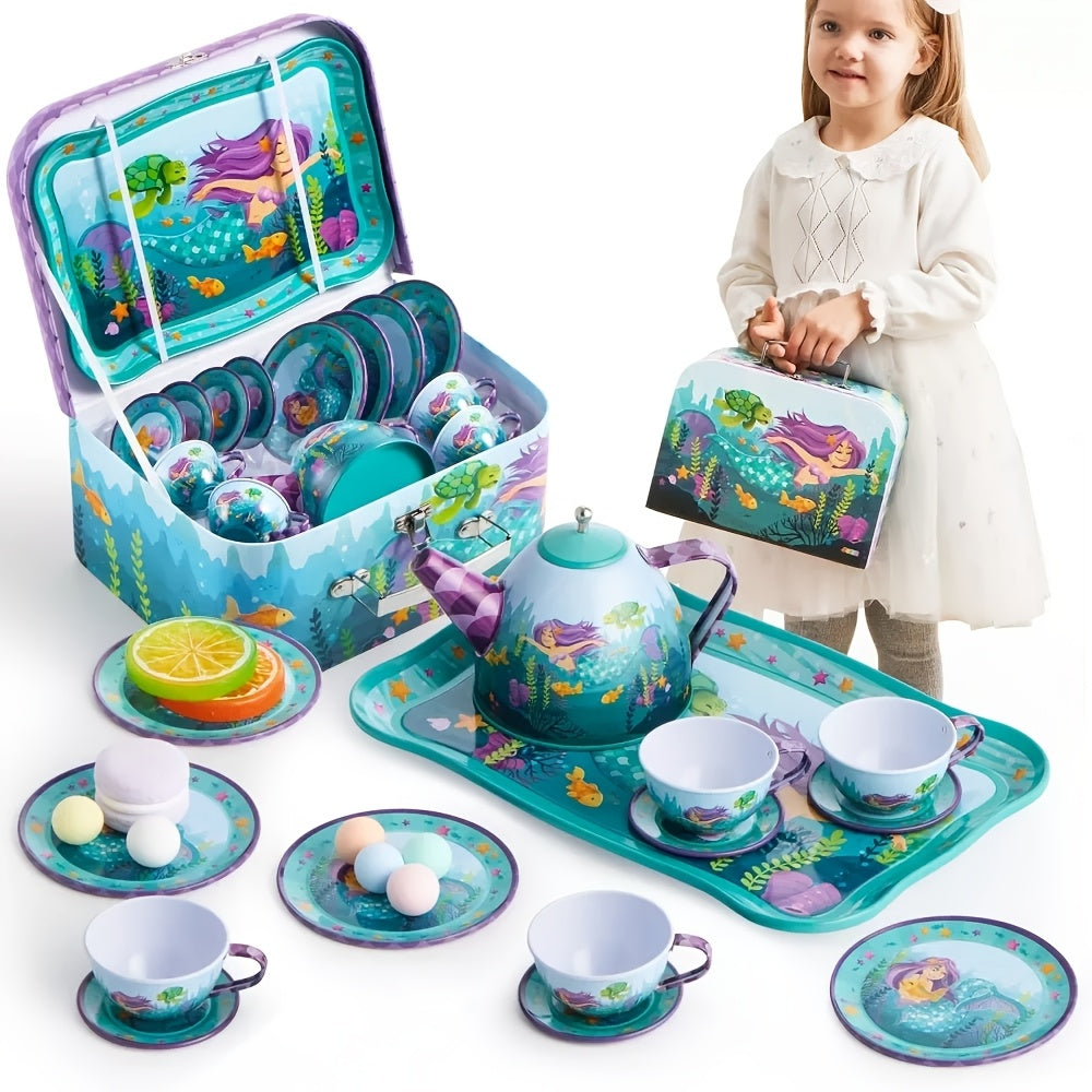 Mermaid Tea Party Set for Girls 21pcs, Tin Teapot, 4 Cups, Saucers, Plates & Carrying Case, Pretend Play Kitchen Toy for Todd