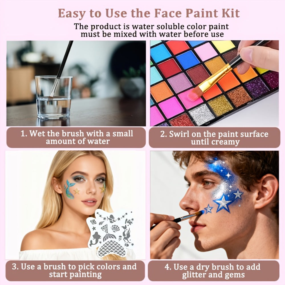 54 Color Face & Body Paint Kit with UV Fluorescent, Matte & Glitter Shades, Pattern Templates, Brushes & — image 8