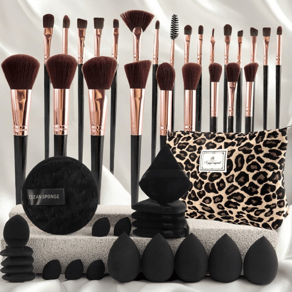 Makeup Brush Set, 23-, 44- or 47-Piece Nylon Bristle Kit with Blending Sponges and Leopard, Beige or Black Bag — image 12