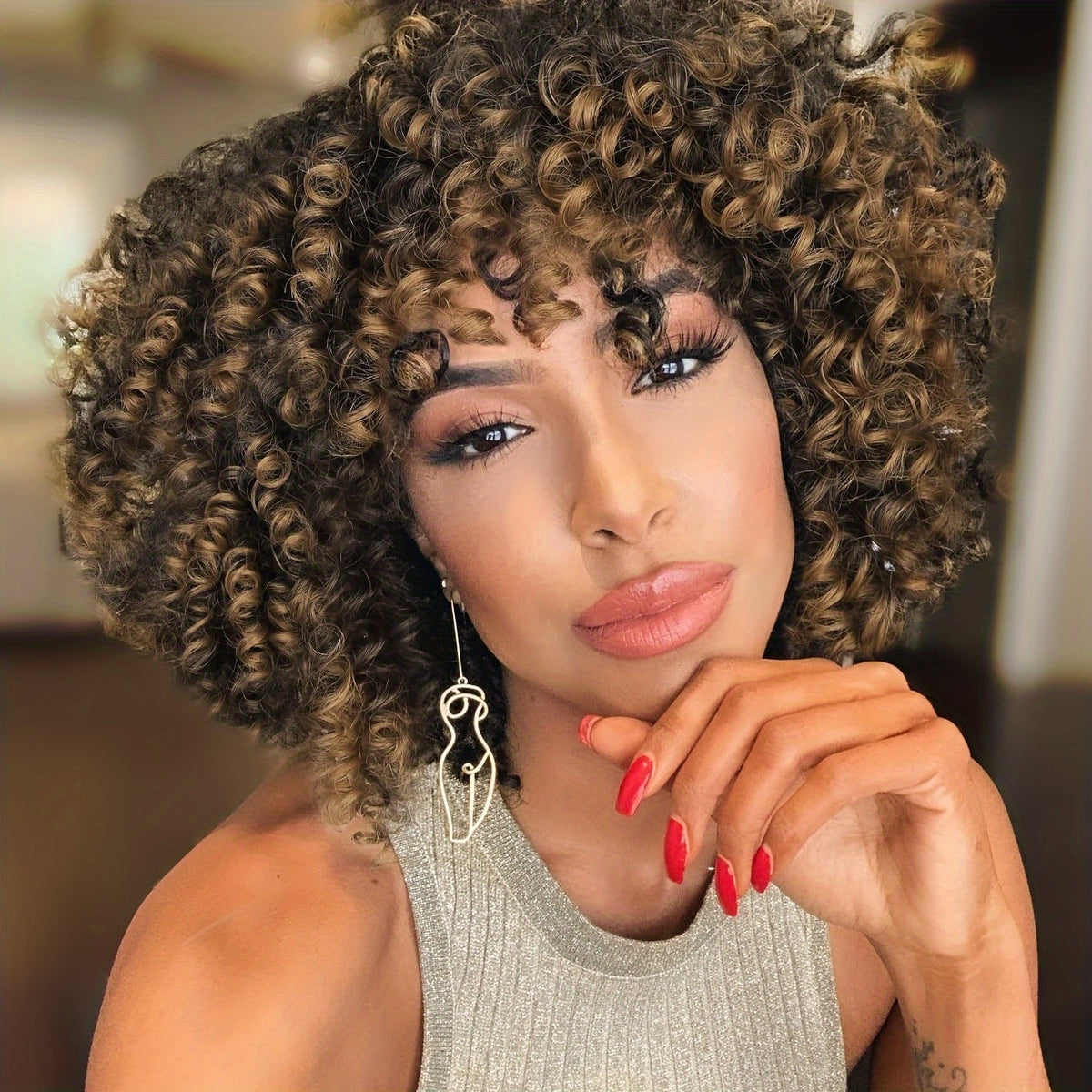 Synthetic Wig 14-Inch Kinky Curly Afro with Bangs, 180% Density and Stretch Net Cap for Daily Style — image 21