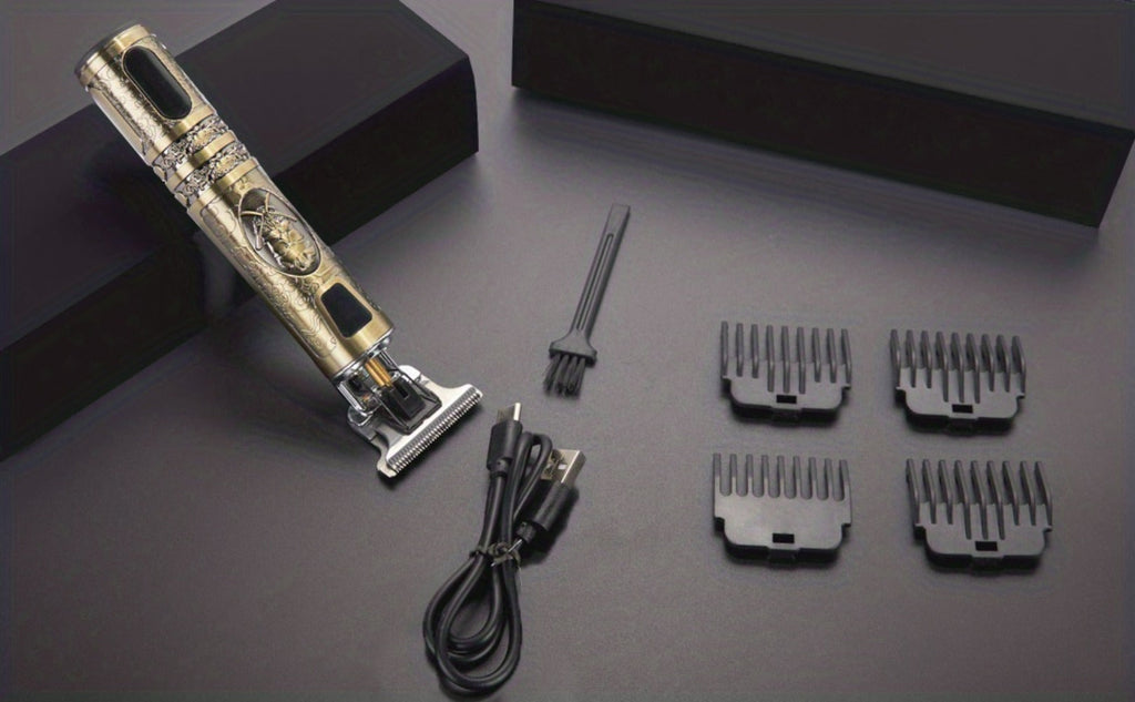 Hair Clippers & Trimmers Vintage Gold T-Blade Model with LCD Display, USB Charging and Three Etched Designs — image 14