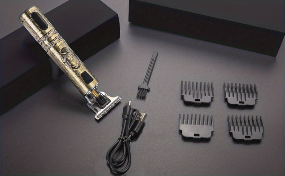 Hair Clippers & Trimmers Vintage Gold T-Blade Model with LCD Display, USB Charging and Three Etched Designs — image 14