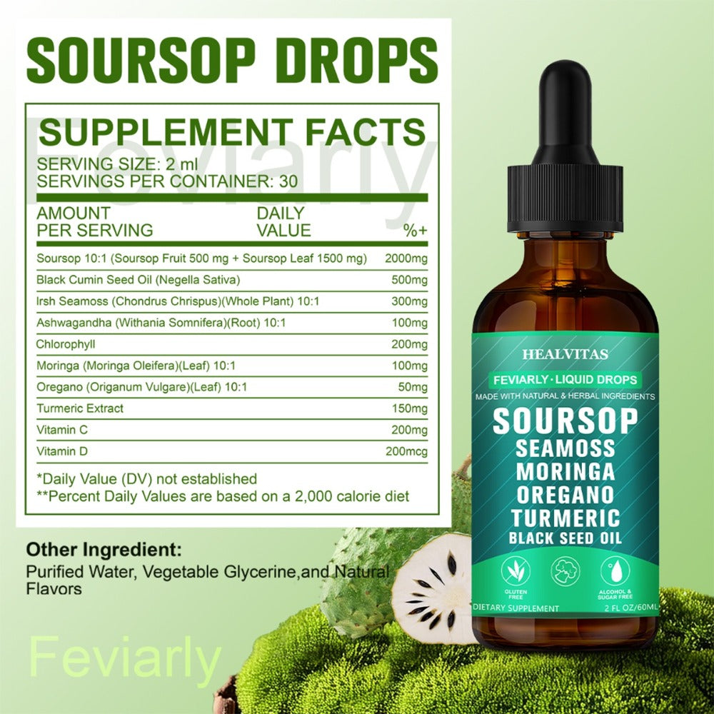 Soursop Bitters Liquid Supplement 2oz 10-in-1 with Seaweed Moringa Turmeric Black Seed Oil & Oregano Herbal Extracts — image 