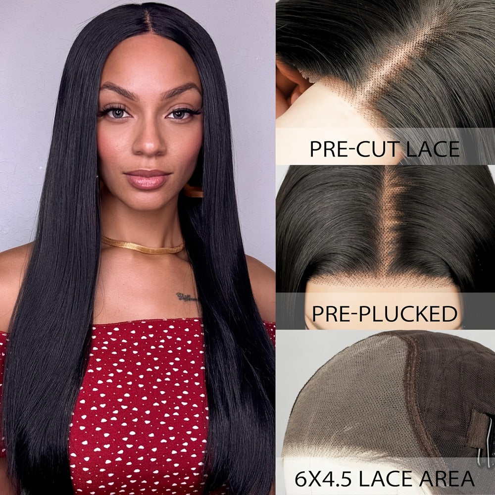 Put On and Go Wig 6x4.5 HD Lace Human Hair Straight 250% Density Glueless Pre-Plucked Pre-Cut Pre-Bleached Knots Long Straigh