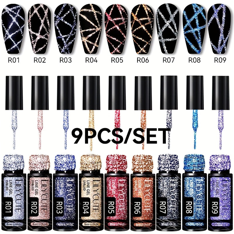 Gel Nail Polish Nine-Piece Reflective Glitter Line Set, 5ml Each for Stripes and Graffiti Nail Art — image 16