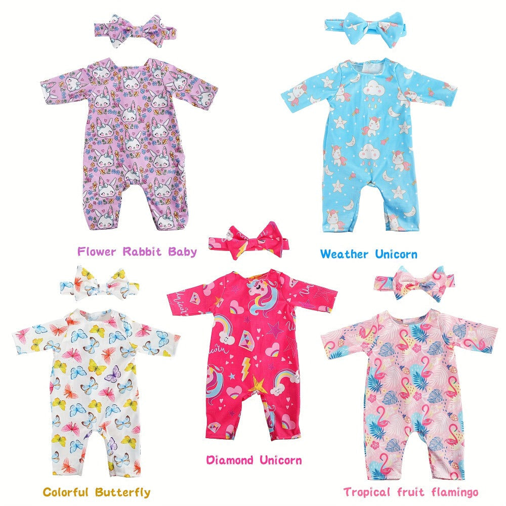 5-Pack Baby Doll Outfits Romper Clothes Set with Headbands for 14-16 Inch with the Listed Color, Size or Set Options for Ever