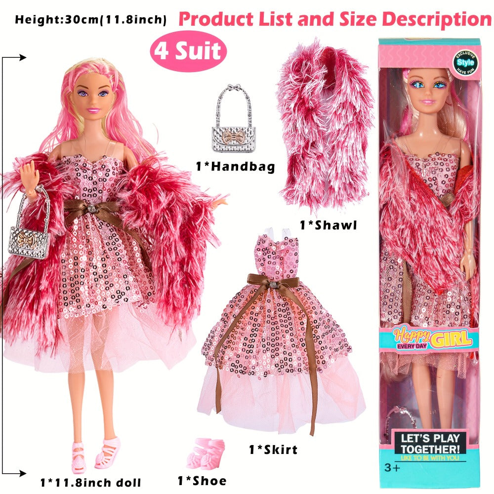 Six-Piece 11.5-Inch Fashion Doll Set with Mixed Outfits, Handbags, Hats, Necklaces and Suitcase Accessories — image 6