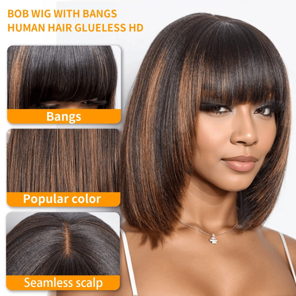 Straight Bob Wig with Bangs Human Hair 3x1 Lace Part Pre-Plucked Glueless Brazilian Short Bob 150 Density 1B/30 Highlight Nat