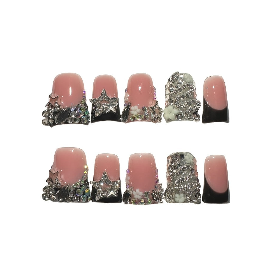 Press On Nails 10-Piece Short Duckbill Set with Black French Tips, Snake, Stars and Self-Adhesive Gel Tabs — image 6