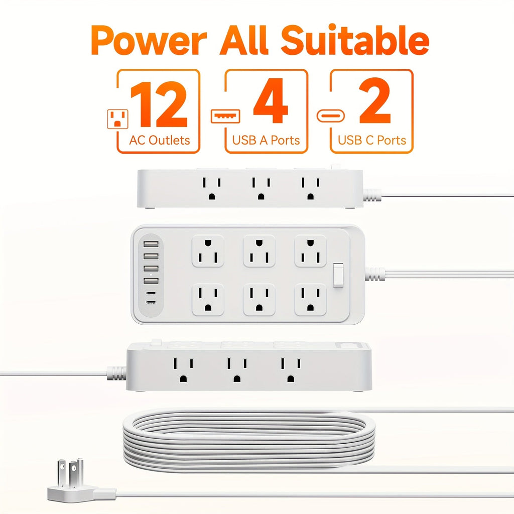 Charging Station 18-in-1 Power Strip Surge Protector 12 AC Outlets 6 USB Ports 4 USB-A 2 USB-C for an Everyday Personal Care 